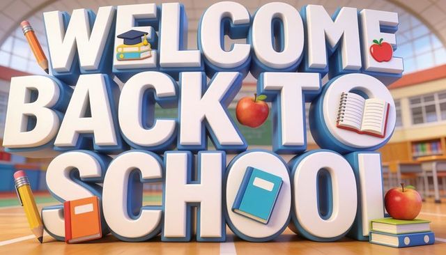 Welcome back to school 3d typography on gym floor with books apples pencils playful