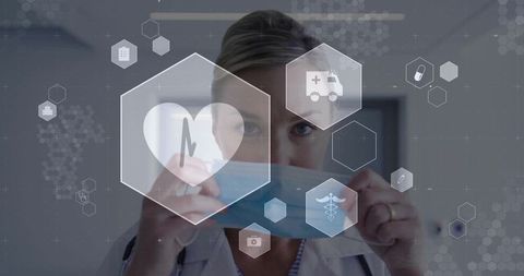 Clinician preparing surgical mask with futuristic medical icons overlay for digital health