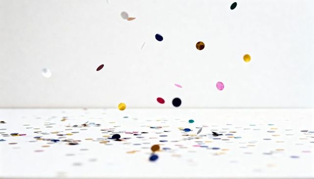 Colorful Confetti Discs Falling Over White Tabletop Minimalist Celebration Scene