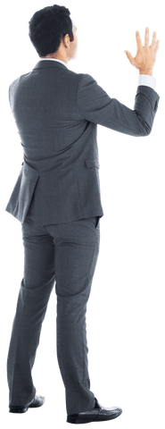 Transparent asian businessman raising hand back view