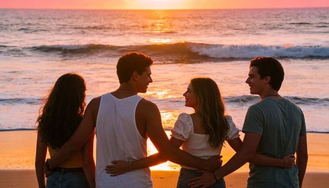 Friends watching sunset on ocean beach linking arms silhouette at golden hour