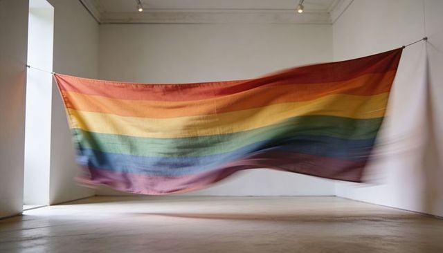 Billowing rainbow textile installation in minimal gallery space with soft light and motion