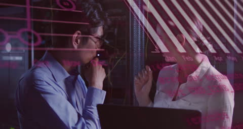 IT Engineers Discussing Data in Server Room with Holographic Overlay