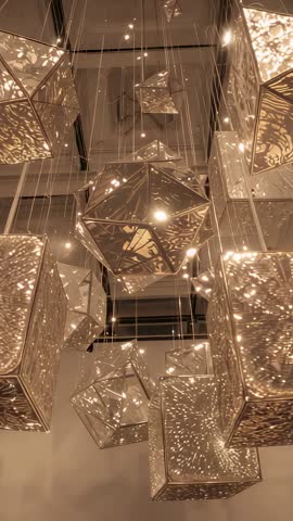 Tilting Vertical Video of Suspended Geometric Metal Lanterns Casting Patterned Warm Light
