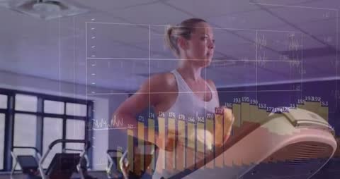 Woman Running on Treadmill with Overlay of Biometric Data and Charts