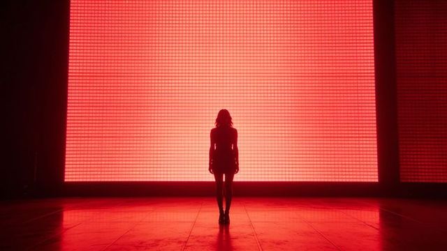 Woman standing before giant red led wall on glossy stage with dramatic silhouette