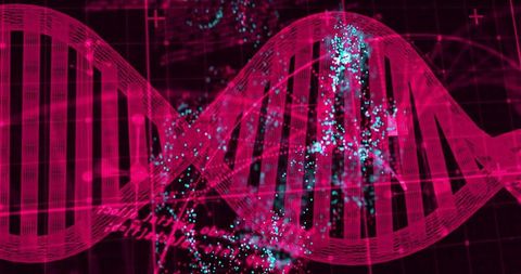 Neon Magenta DNA Double Helix Visualization with Cyan Particle Clusters and Digital Grid