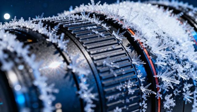 Frost-covered camera lens macro showing ice crystal growth on focus rings in cold night