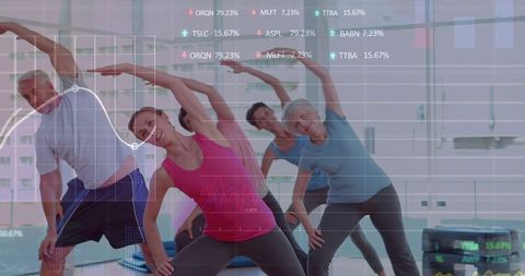 Group fitness class stretching and side-bending with instructor leading and data overlays