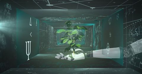 Robotic Arm Holding Plant Amid Floating Mathematical Symbols - Download Free Stock Images Pikwizard.com