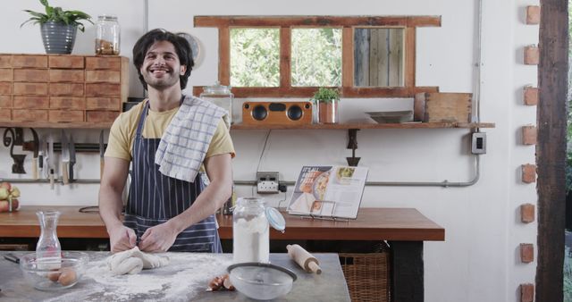 Happy Man Kneading Dough in Home Kitchen - Download Free Stock Images Pikwizard.com