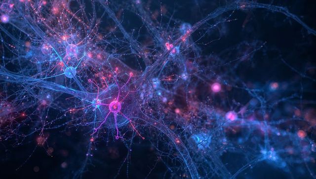 Magenta and blue neural network showing synaptic hotspots, dendrites, axons at microscale