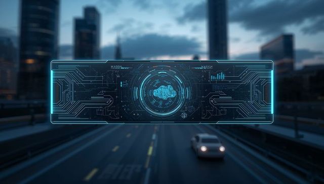 Holographic hud displaying cloud network and circuitry hovering over urban highway at dusk