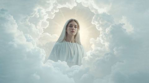 Serene woman the virgin mary in heavenly cloudscape with halo glow