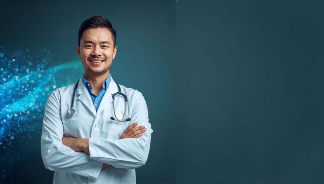 Smiling Asian Doctor Wearing Lab Coat and Stethoscope with Arms Folded on Teal Background