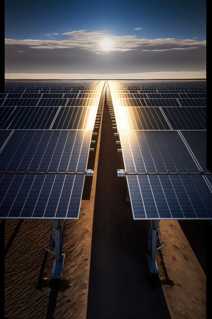 Solar panels with sun shining, created using generative ai technology. Wind energy, solar energy, sustainability, environment and climate change concept digitally generated image.