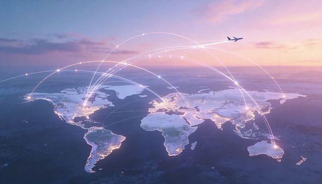 Global flight network connecting illuminated cities at sunrise with passenger aircraft