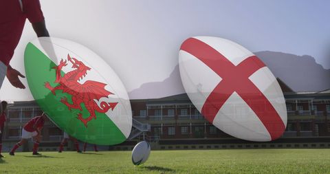 Rugby Players with Overlaid Flags during Intense Match