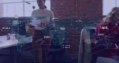 Businesswomen Collaborating with Digital World Map Overlay