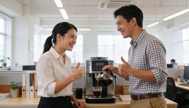 Office colleagues sharing coffee break and giving thumbs up in modern open-plan workspace