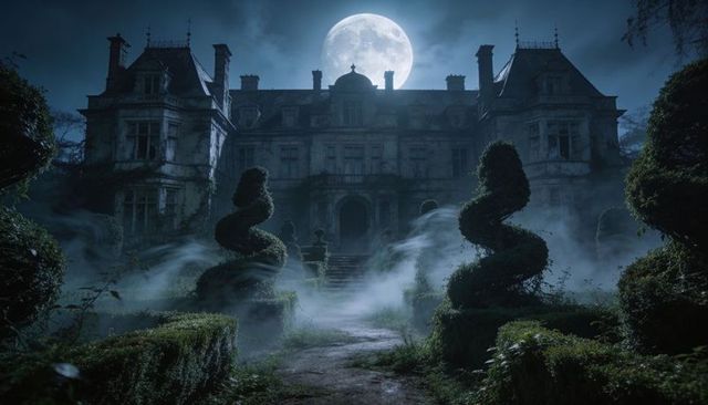 Moonlit gothic manor looming behind twisted topiary and creeping mist under full moon