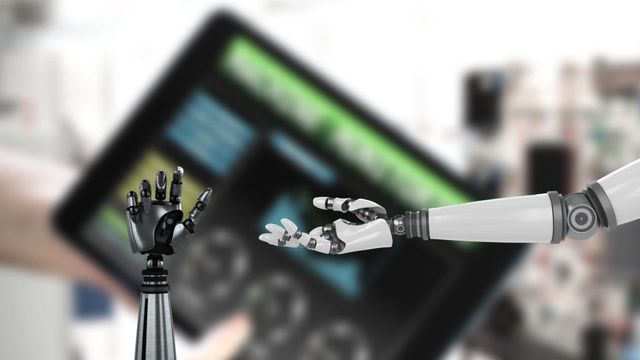 Two robotic hands reaching toward each other create a sense of innovation and futuristic technology. The background of a digital interface suggests digitization and connectivity. This visual is suitable for use in tech articles, engineering publications, or digital transformation presentations, highlighting advancements in AI and robotics.