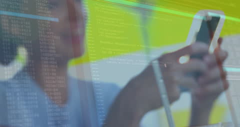 Caucasian Woman Engaging with Smartphone amid Data Animation