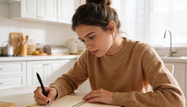 Young woman writing in spiral notebook at bright kitchen table studying and journaling