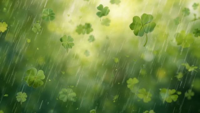 Sunlit clover rain with four-leaf clovers drifting through soft green misty bokeh backdrop