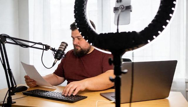 Bearded podcaster recording with condenser microphone and ring light, laptop and script on desk