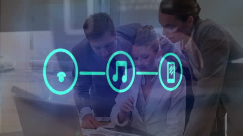 Business Team Analyzing Network Icons for Data Insights