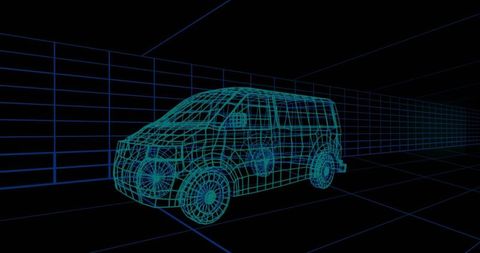 Cyan Wireframe Van in Neon 3D Grid Tunnel Futuristic Vehicle Mesh Perspective Rendering
