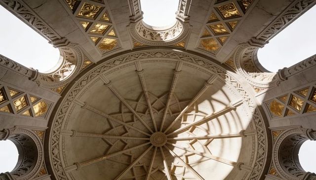 Ornate marble rotunda with radiating ribs, gilded panels, carved capitals and oculus