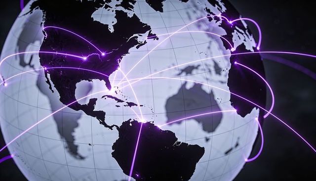 Connecting global network pulsing across stylized neon globe with purple arcs