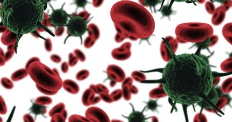 Virus cells and red blood cells microscopic view