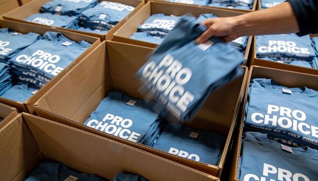 Warehouse team packing blue pro choice shirts into boxes for campaign fulfillment