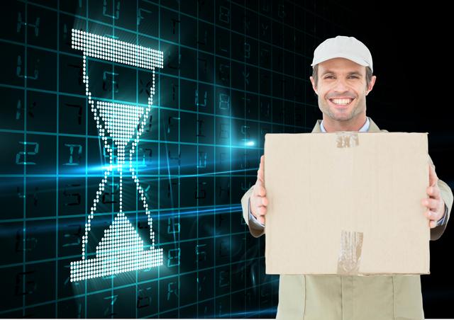 Smiling delivery man holding a box with a digital hourglass in the background, representing efficient logistics and timely delivery. Ideal for use in advertisements, websites, and promotional materials related to shipping, courier services, and time management solutions.