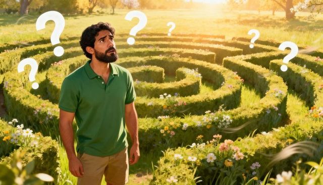 Man pondering sunlit hedge maze with floating question marks, concept of uncertainty