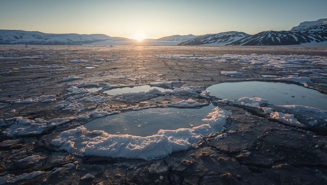 Reflecting Ice Floes at Arctic Lakeshore during Sunrise