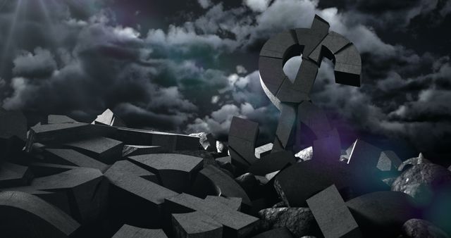 A dramatic sky looms over a landscape of broken and scattered stone pieces, with a large question mark centerpiece suggesting a theme of uncertainty or mystery. The image evokes a sense of searching for answers amidst chaos or the aftermath of a collapse.