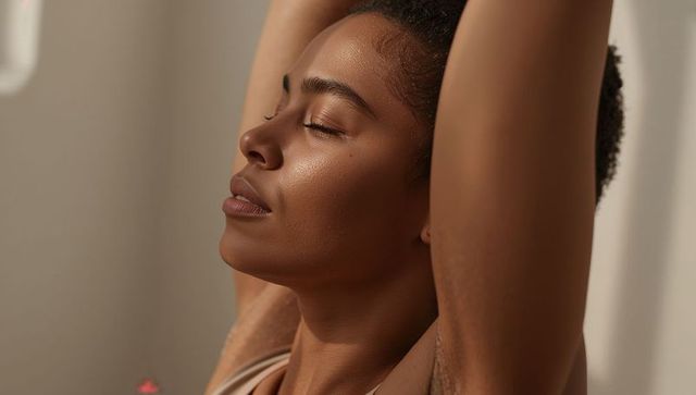 Sunlit wellness: woman stretching with arms raised, eyes closed, serene expression