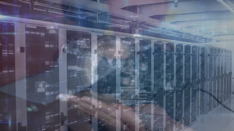 Digital Interface with Hand and Globe Overlay in Server Room