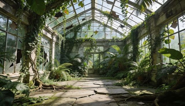 Overgrown victorian conservatory reclaiming ground with jungle vines and sunlit mossy pathway