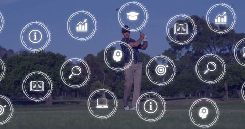 Golfer swinging on fairway with overlay of data icons