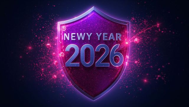 Glowing Neon Shield Emblem Celebrating New Year 2026 with Purple Glitter and Futuristic Halo