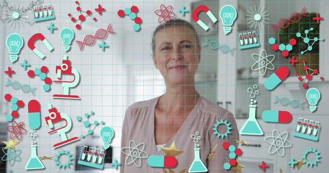 Smiling Senior Woman in Kitchen with Science Icons Overlay