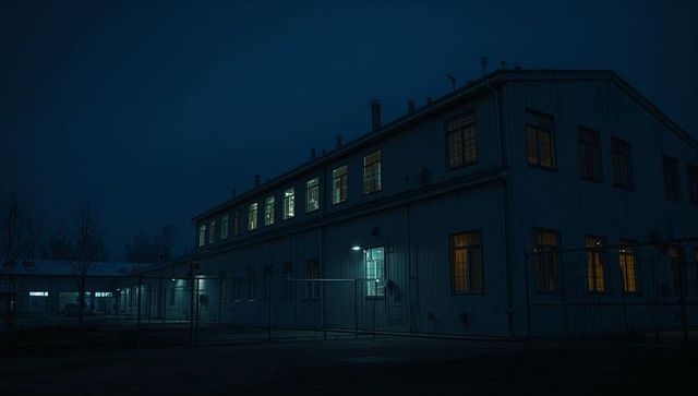 Nighttime industrial warehouse with lit windows, security light and chain-link fence