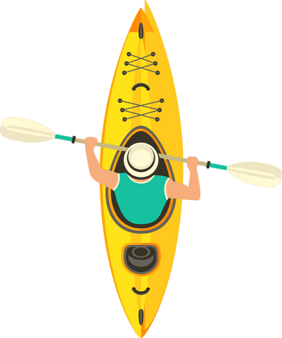 Overhead view flat design of kayaker in yellow kayak, transparent background