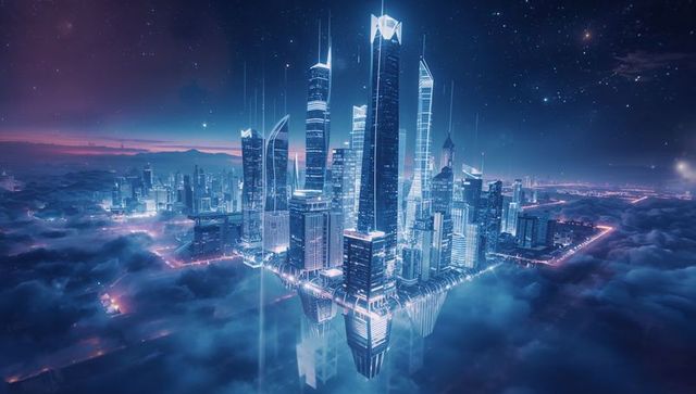 Futuristic Cityscape Above the Clouds with Neon Glow