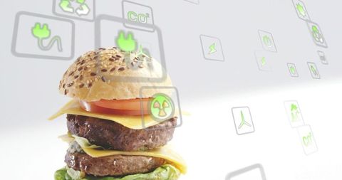 Stacking double cheeseburger with seeded bun and eco icons on minimal white background